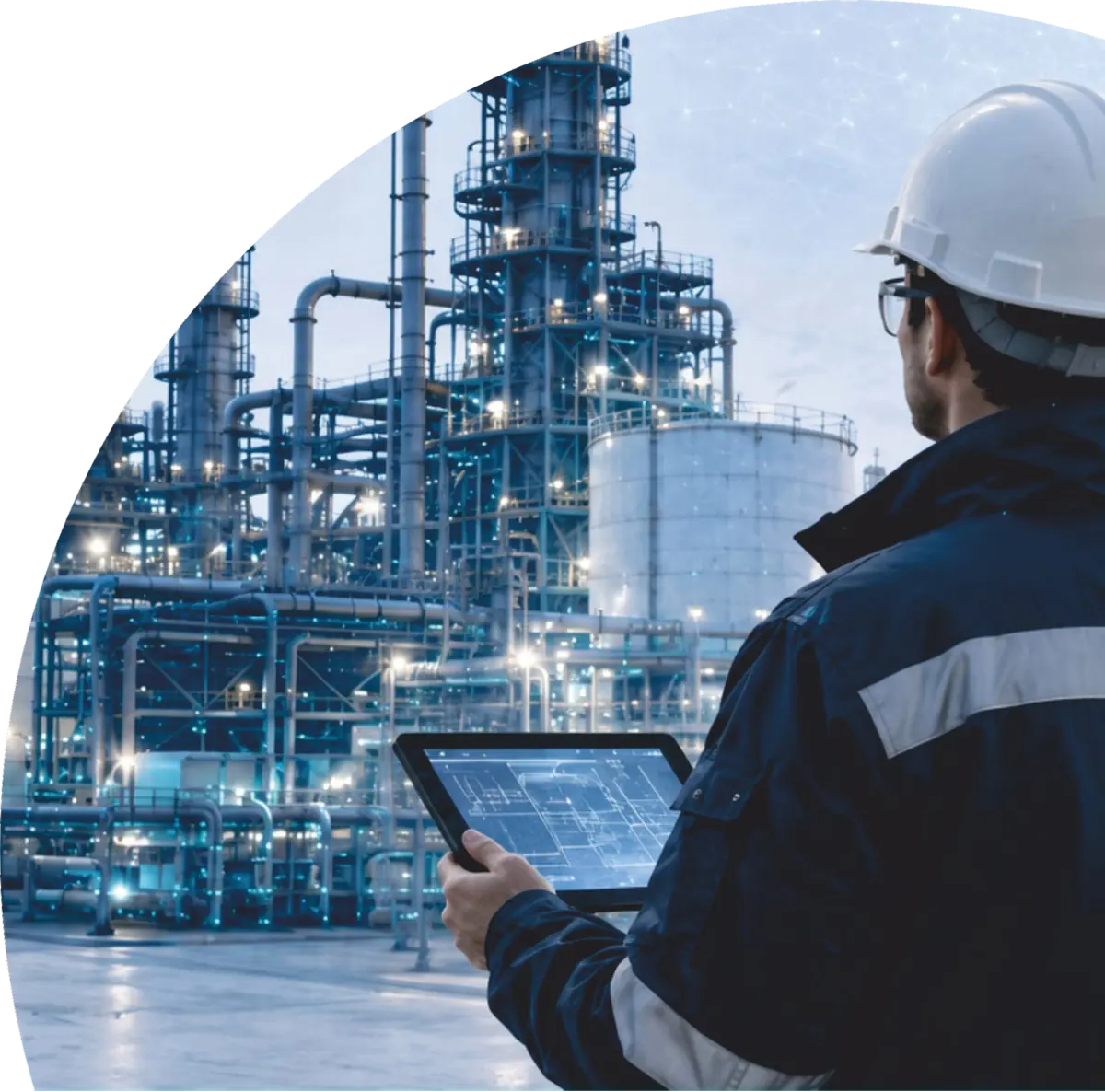 Инженер с планшетом на нефтеперерабатывающем заводе